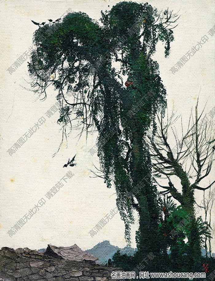 吳冠中油畫風(fēng)景《喜鵲》高清大圖下載