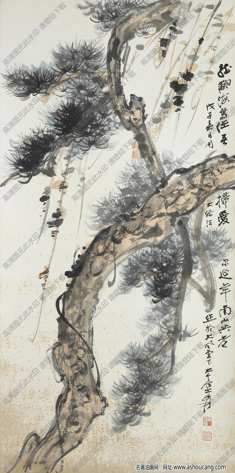 張大千作品_松樹圖_龍翻海島_任吾筆掃_高清大圖下載