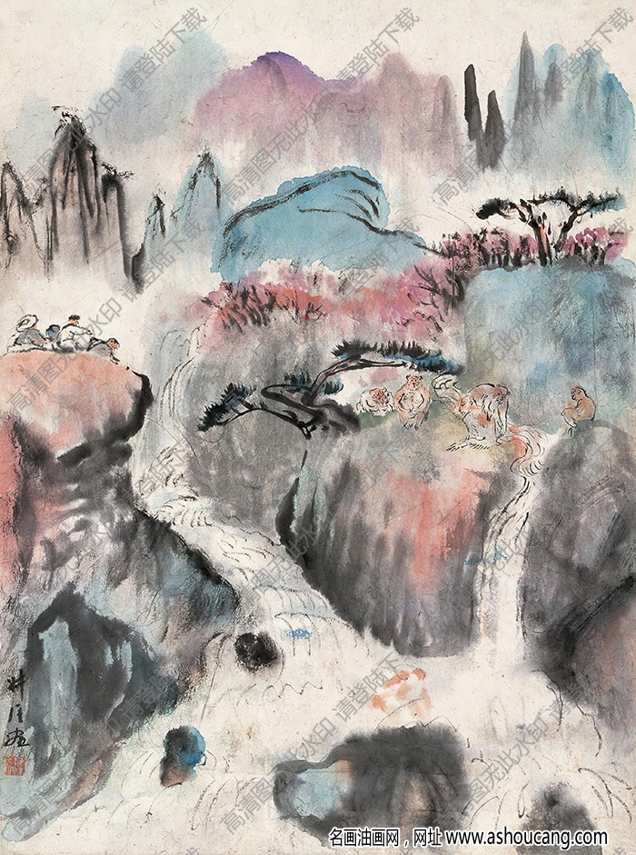 錢瘦鐵作品 紅樹溪流 高清大圖下載