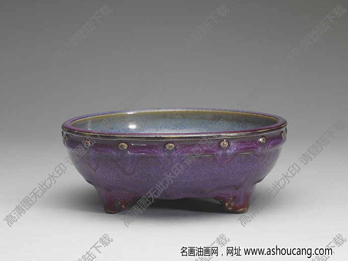 明 鈞窯天藍(lán)丁香紫鼓釘式瓷盆托 高清大圖下載