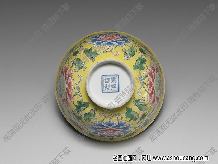 清康熙 瓷胎畫琺瑯黃地牡丹碗 高清大圖下載