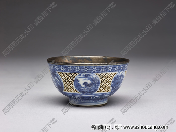 明萬歷 青花白地玲瓏銀里茶鐘 高清大圖下載