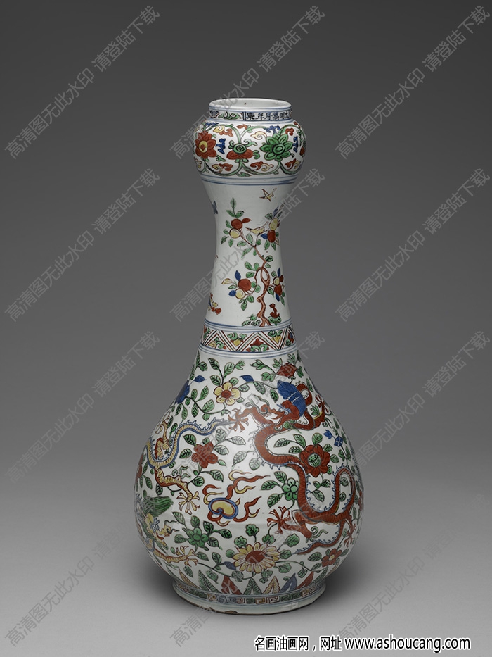 明萬歷 五彩龍紋花鳥蒜頭瓶 高清大圖下載