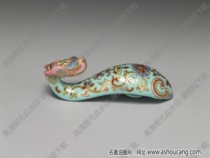 清 湖綠地粉彩萬(wàn)壽花卉龍首瓷帶鉤 高清大圖下載