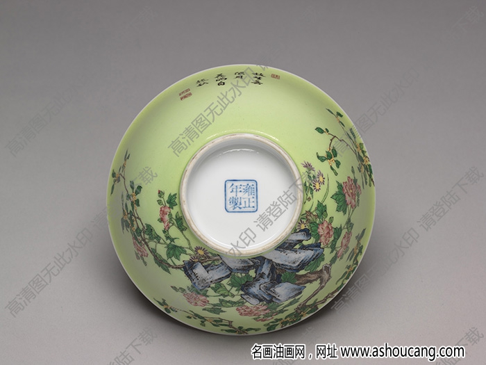 清雍正 琺瑯彩瓷綠地芙蓉桂花碗 高清大圖下載