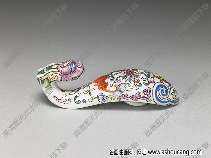 清 白地粉彩龍首瓷帶鉤 高清大圖下載