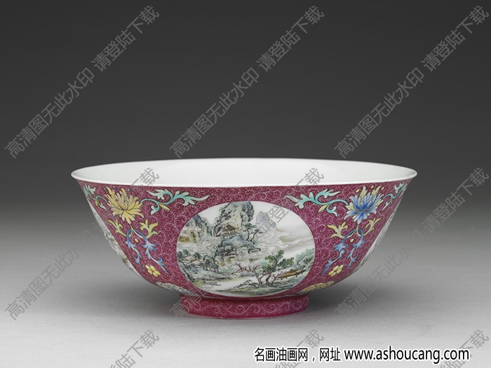 清乾隆 琺瑯彩洋紅地開光四季山水碗 高清大圖下載