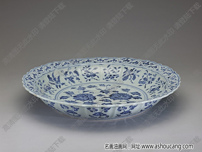 明永樂 青花四季花果紋蓮花式盤 高清大圖下載