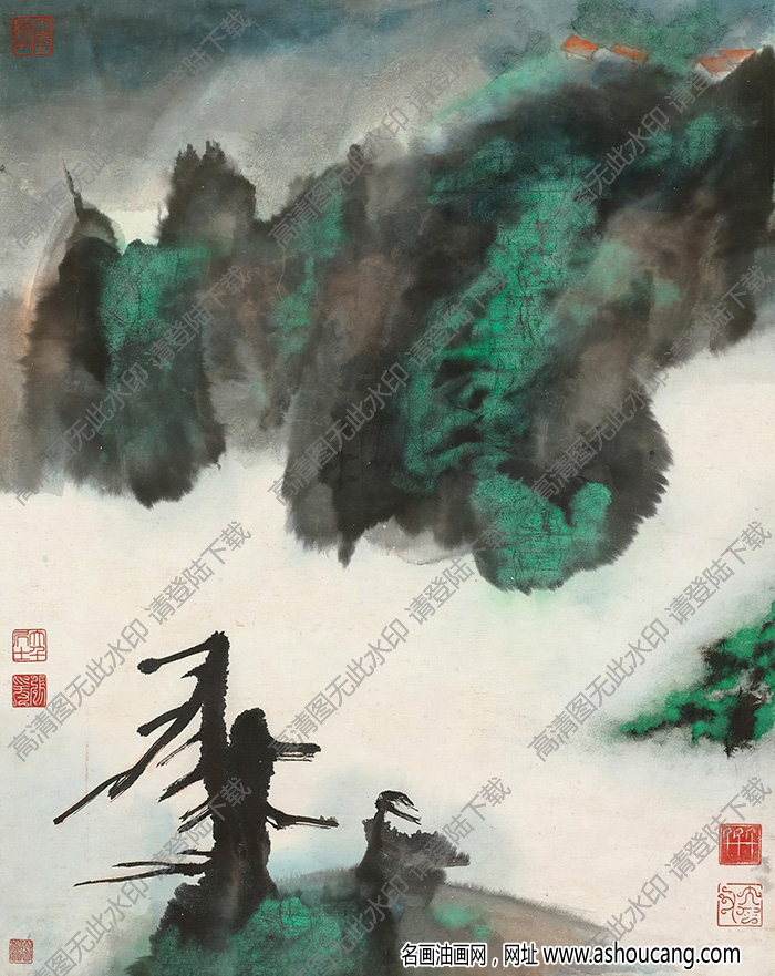 張大千國畫_潑墨彩山水_高清大圖下載