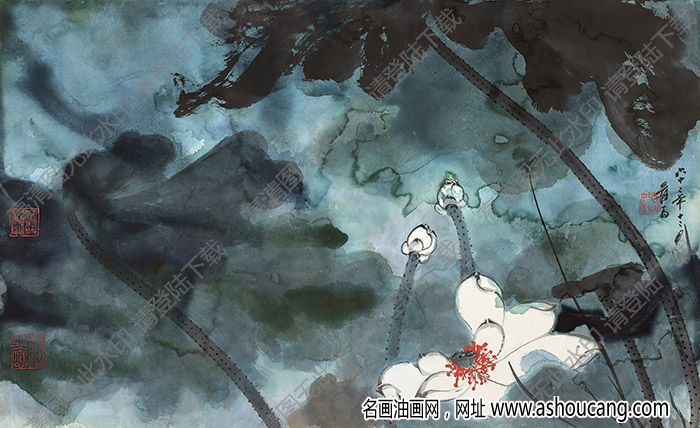 張大千國畫作品_潑彩白蓮_六十二年十二月作_高清下載