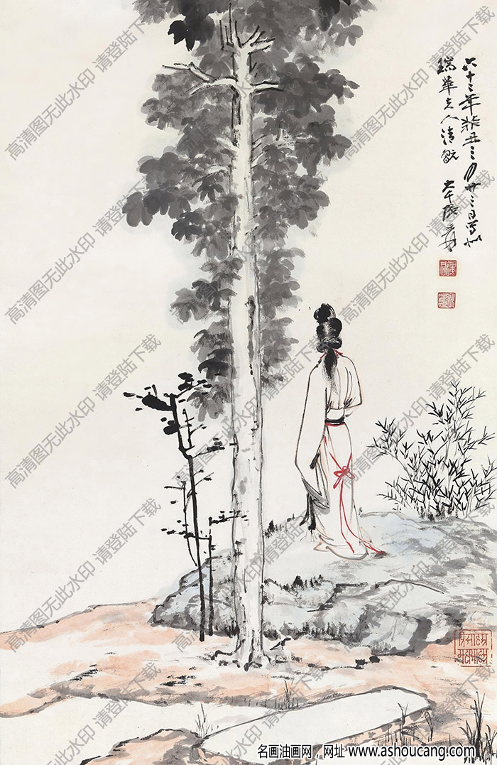 張大千國畫_桐蔭仕女圖_六十二年癸丑三月作_高清大圖下載