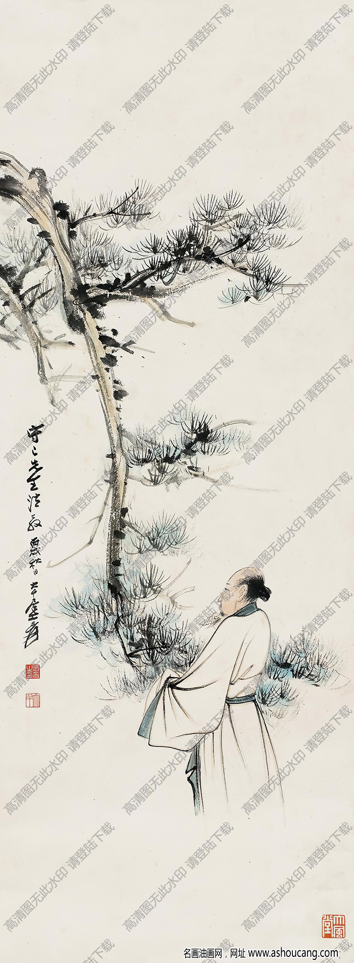 張大千作品_松下高士_丙戌秋日_大千居士爰_高清大圖下載